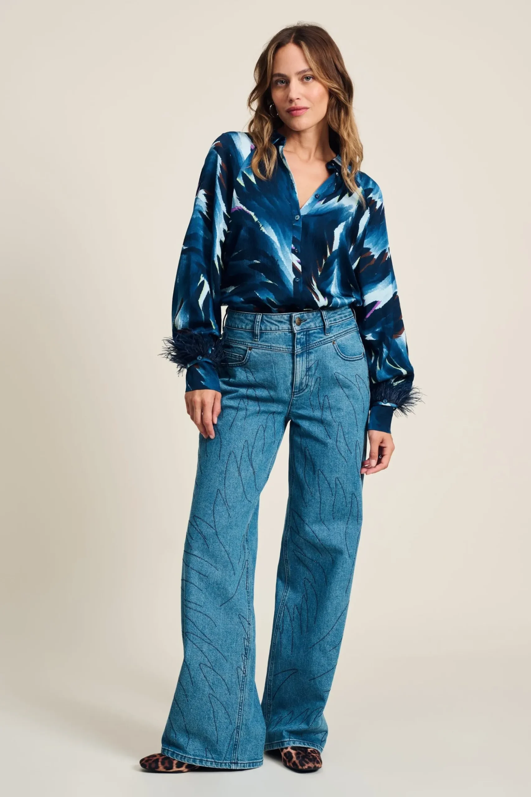 JEANS Wide Leg Denim Rhinestones